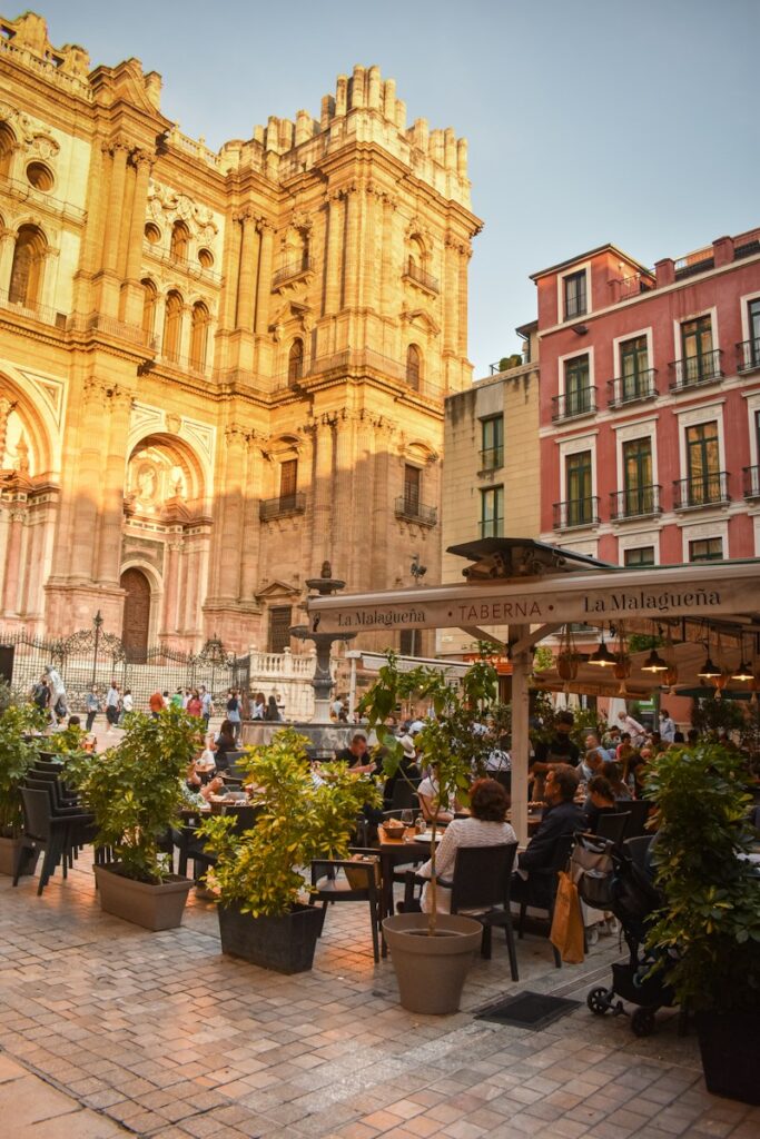 Group of expats enjoying tapas and wine in the historic centre of Malaga