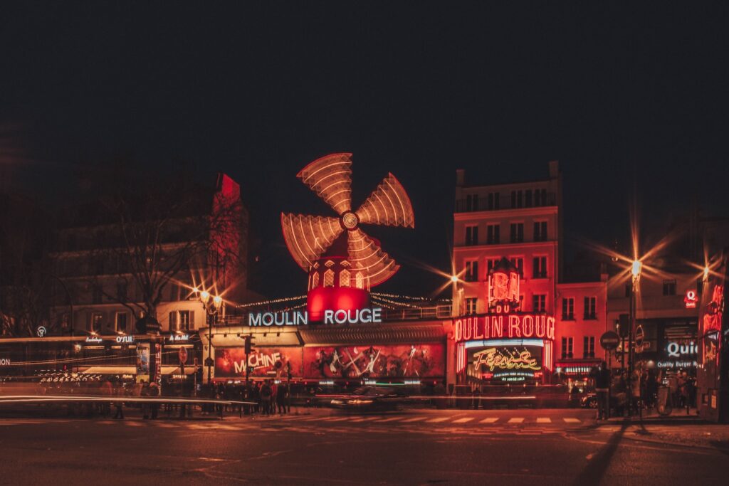 View of the Moulin Rouge in Paris at night